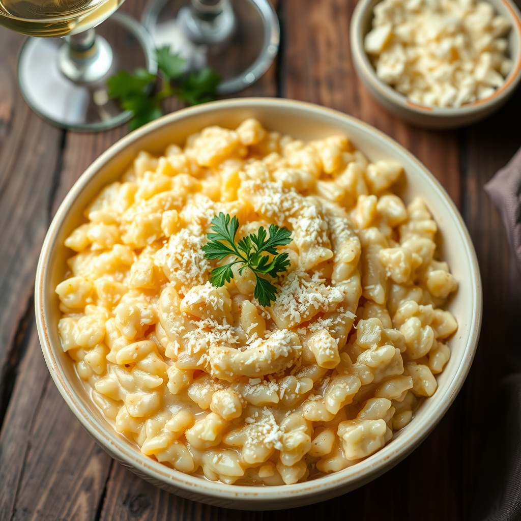 A creamy garlic Parmesan risotto garnished with parsley and cheese, served with wine on a rustic table.